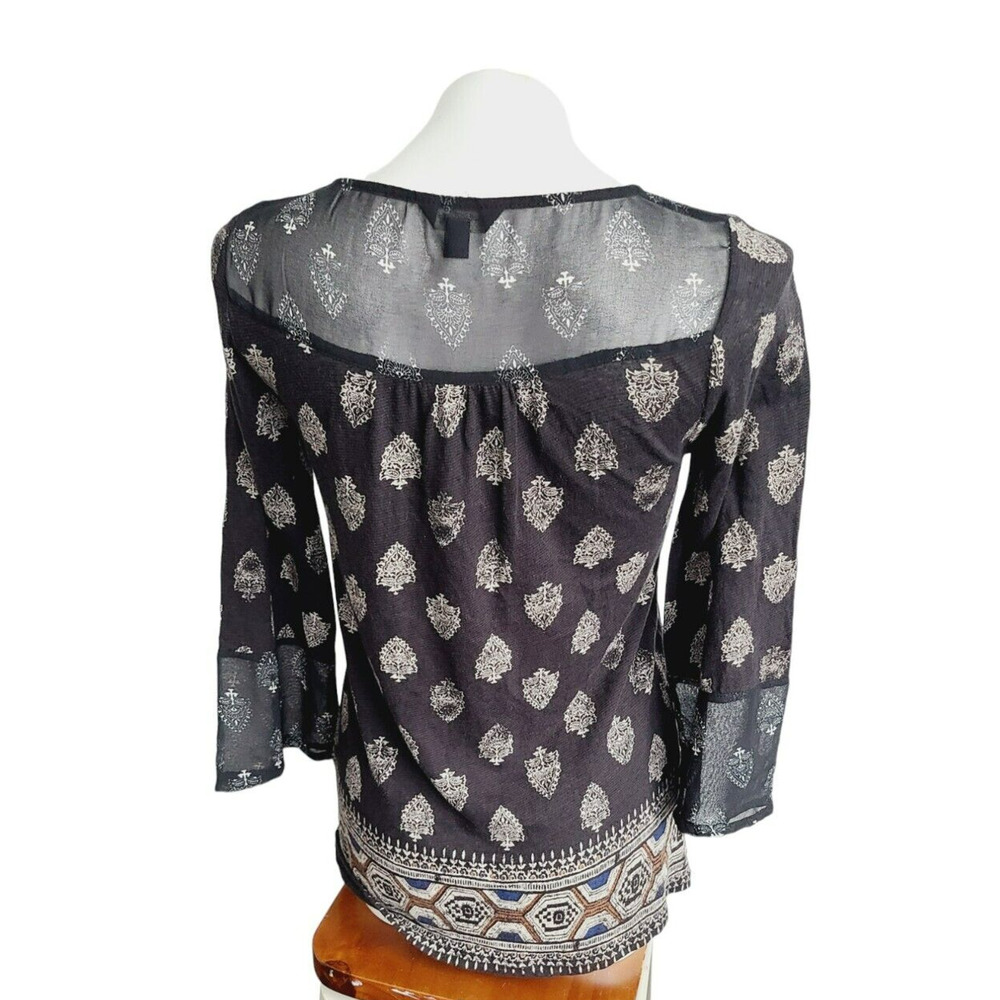 Lucky‎ Brand Womens Small Gray Block Print Mesh Yoke Tie Neck Blouse Top - Picture 3 of 4